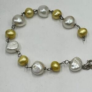 Deidda Firenze Italy Yellow White Baroque Pearl‎ Bracelet Sterling Silver 8.25
